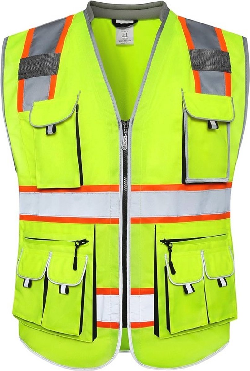 Hoog zichtbaarheid veiligheidsvest met 10 zakken voor heren en dames, ANSI/ISEA Klasse 2, Maat L, Geel