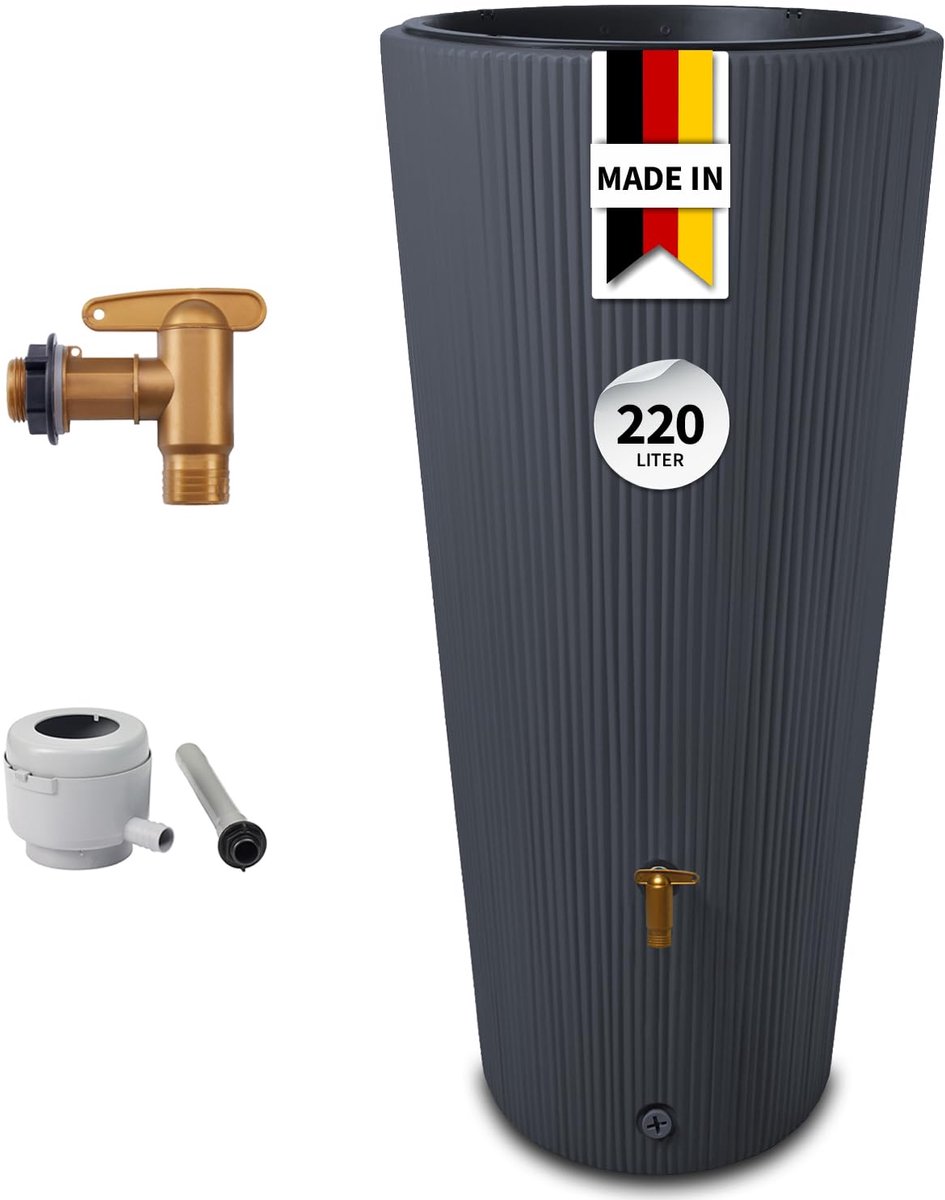 Famanu – Waterdichte regenton 220 liter in grafietgrijs, inclusief accessoires voor tuingebruik