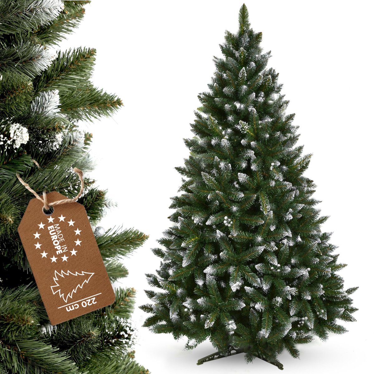 Famanu – Kunstkerstboom met zilveren bolletjes en rijp, 220 cm, groene dennenboom van PVC, met 535 takken en kunststof standaard