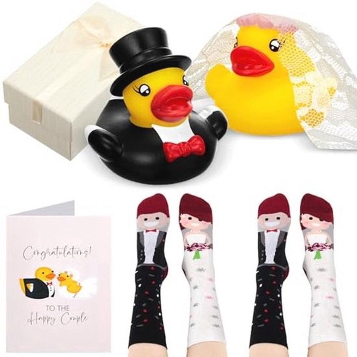Badeenden huwelijkscadeauset met wenskaarten en bruiloftssokken - Grappig cadeau voor bruidspaar