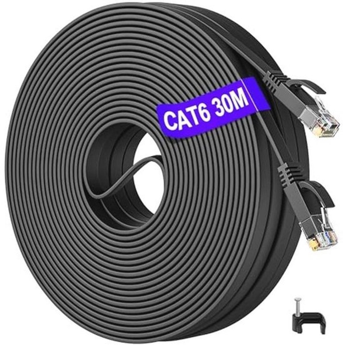 30m Cat 6 Ethernet Netwerkkabel Plat Hoge Snelheid Internet kabel 30 meter Gigabit RJ45 Ethernet Cable LAN Patchkabel Zwart -compatibel met Cat5/5e voor routerschakelaar Modem PS4/5 Xbox
