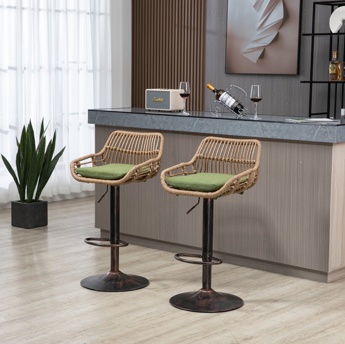 Wishdor Barkruk set van 2 - 360° draaibaar en hoogte instelbaar - Met rugleuning en armleuning - Retro stijl - Keuken eetkamer bar café - Rotan en metaal - Groen - 49 x 48 x 109 cm