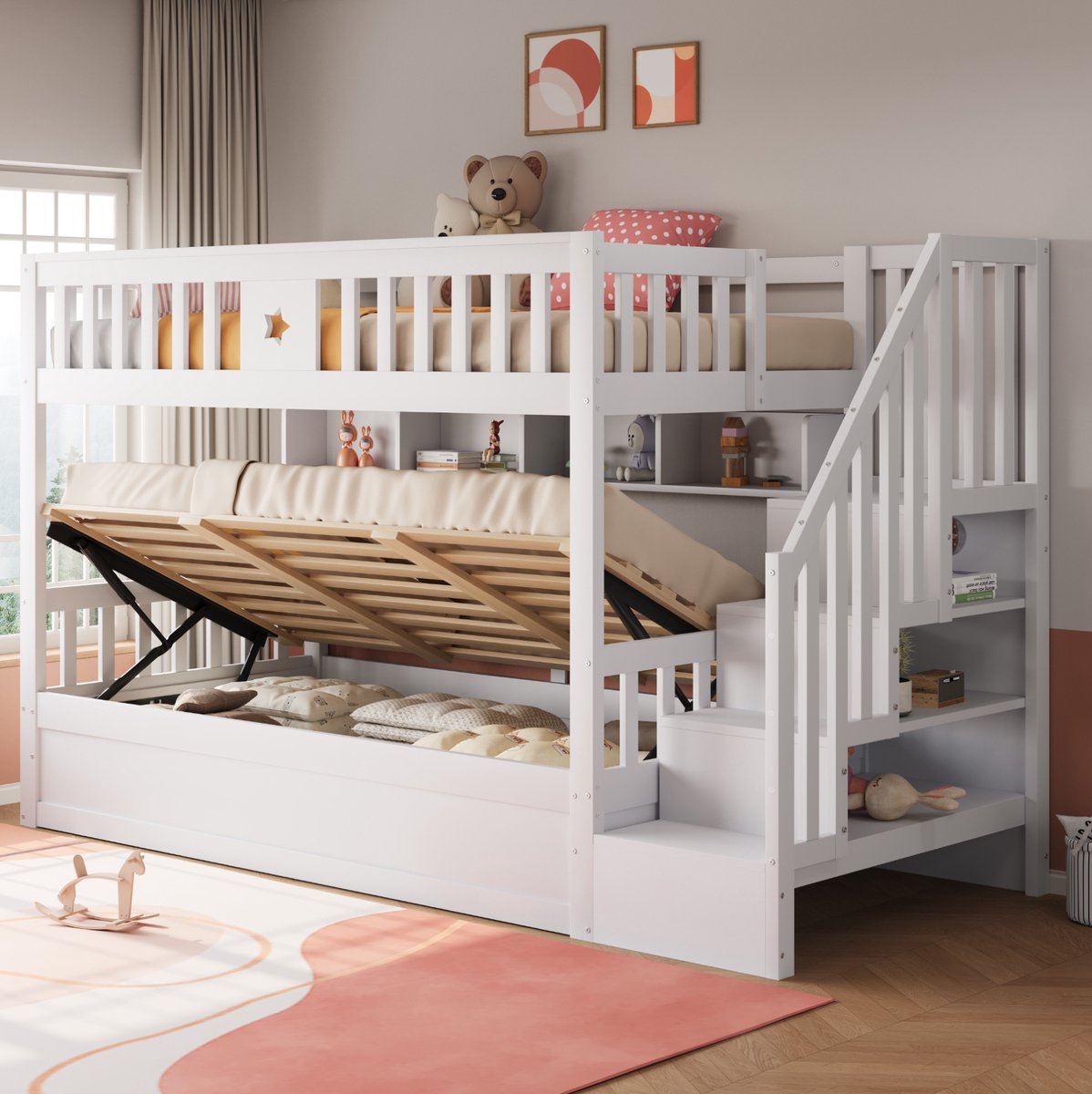 Wishdor Stapelbed 90x200 cm - Hydraulische opbergruimte - Opbergtrap en planken - Met veiligheidsrail en ladder - Kinderkamer slaapkamer - Hout en MDF - Wit