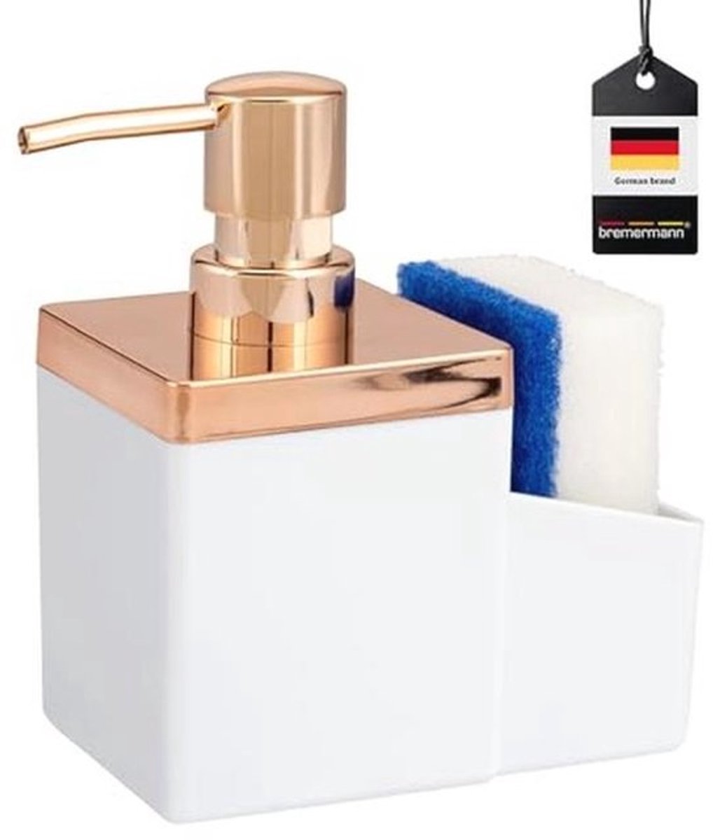 Spoelbak-organizer met afwasmiddeldispenser en sponshouder in wit-roségoud