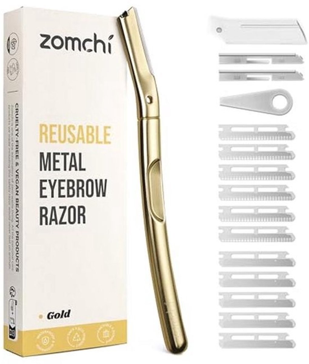 ZOMCHI Dermaplane Razor with 11 Blades for Women and Men, Eyebrow Trimmer with Protective Silicone Cap, Eyebrow Razor, Facial Razor for Hair Removal - Matte Gold