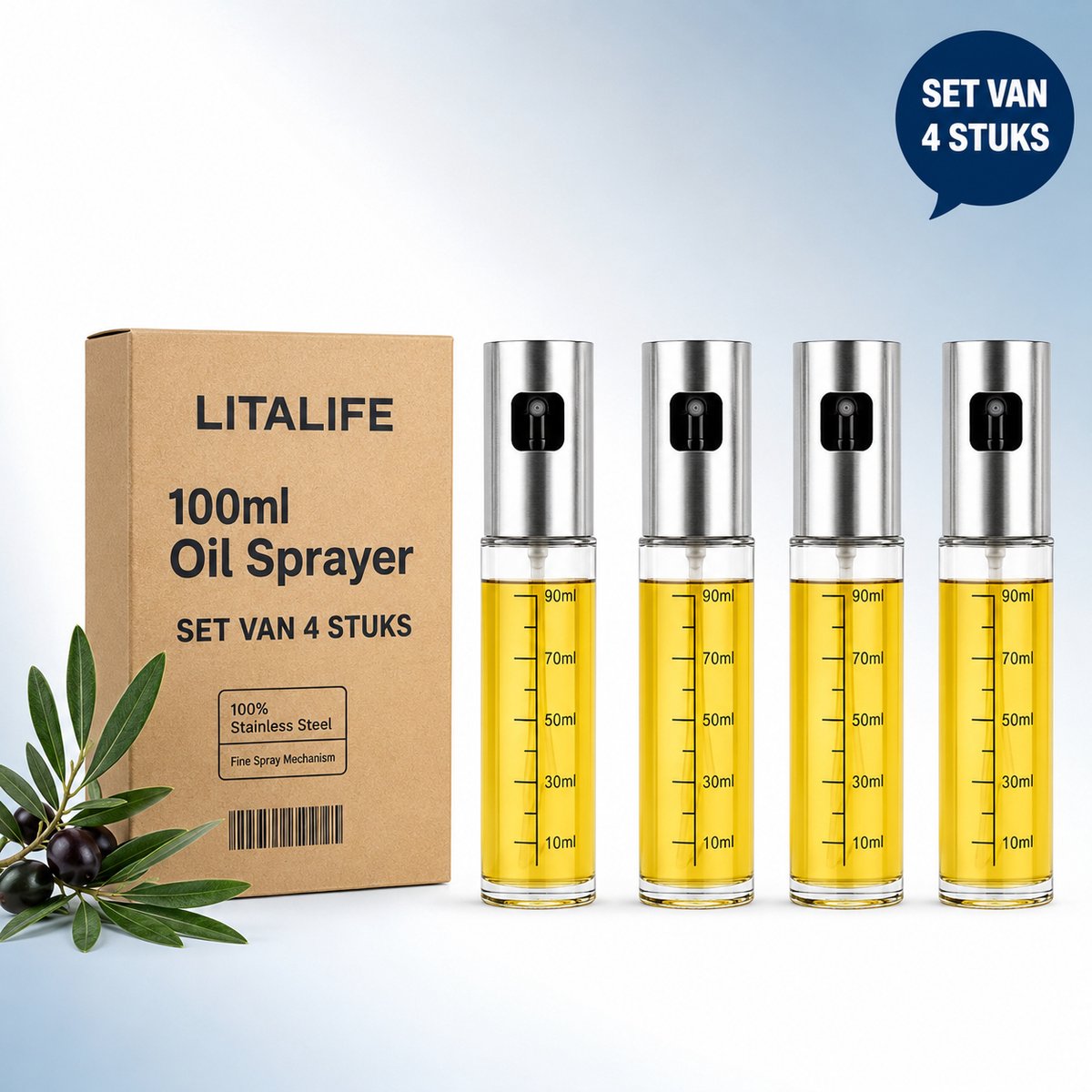 Litalife - Olijfolie Sprayer Set van 4 - RVS Oliesproeifles 100ml - Navulbaar & Lekvrij - Voor Airfryer, BBQ, Pan & Salade