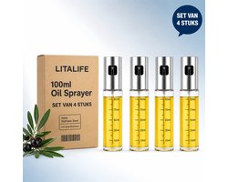 Litalife - Olijfolie Sprayer Set van 4 - RVS Oliesproeifles 100ml - Navulbaar & Lekvrij - Voor Airfryer, BBQ, Pan & Salade