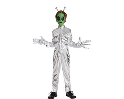 Joya Kids® Alien Verkleedpak Kind | Alien Kostuum Jongen | Buitenaards Wezen Verkleedkleding Jongens en Meisjes | Zilveren Jumpsuit met Masker, Handschoenen & Voelsprieten | Halloween Carnaval | Maat M