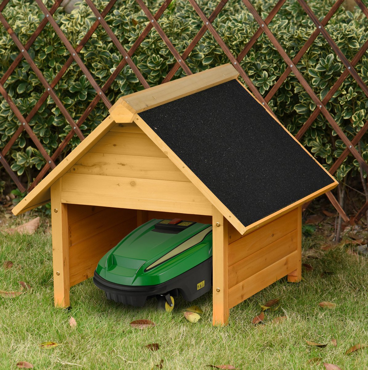 COVREO Robotmaaier garage 75x76x70 cm geel - hout - bitumen dak met UV-bescherming en regenafvoer