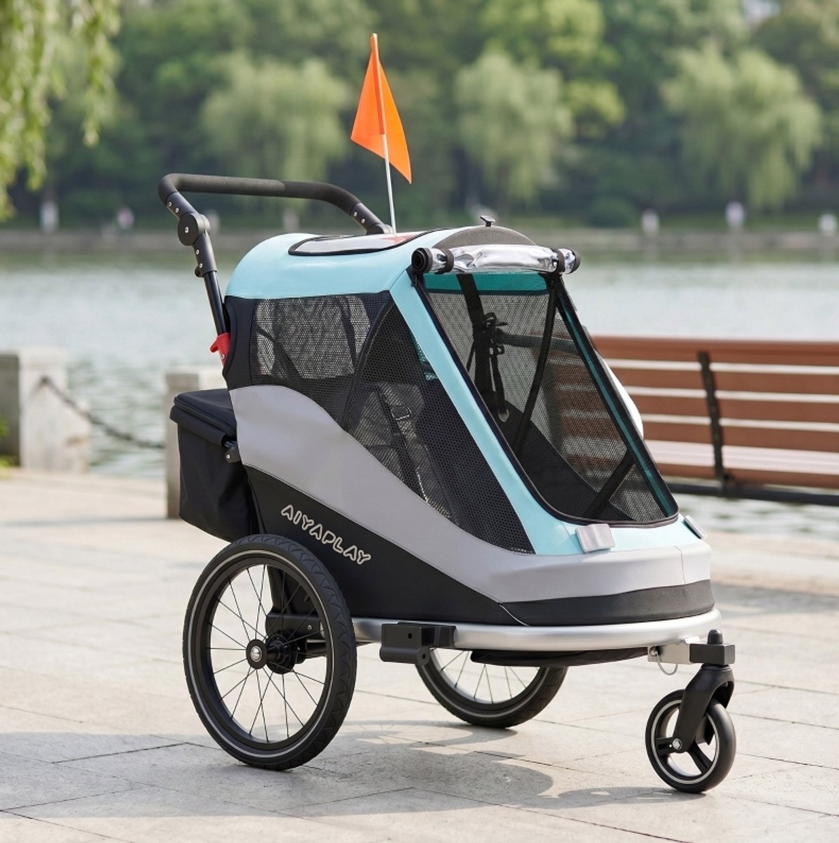 COVREO Kinderfietskar 155 x 65 x 98 cm lichtblauw aluminium - 2-in-1 buggy - opvouwbaar - rem