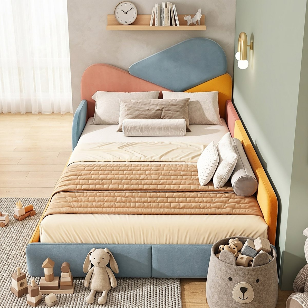 VVBV Gestoffeerd Bed 140x200 – Gestoffeerd Tweepersoonsbed van Fluweel met Hoofdbord – Zonder Matras – Modern Design – Blauw + Multi