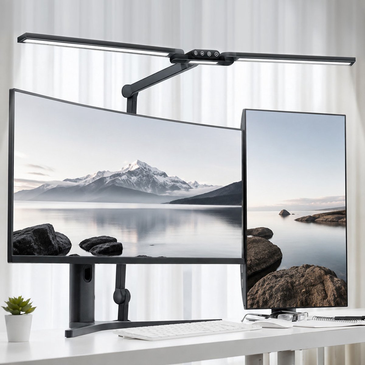 Rosnek LED Bureaulamp met Klem - Dubbele Architectenlamp 95 cm - Automatisch Dimbaar - Monitorlamp voor L-Vormig Bureau - Leeslamp voor Thuiswerk - Hobbylamp met Zwenkarm voor Tekenen