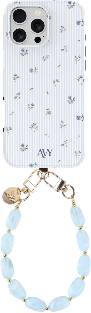 AVY Hoesje Met Telefoonkoord | Geschikt voor Apple iPhone 15 Pro Max | Compatibel met MagSafe & Qi2 | Hard Shell Back Cover | Stijlvol Bijpassend Koord Polsbandje (32CM) | Sky Blossom