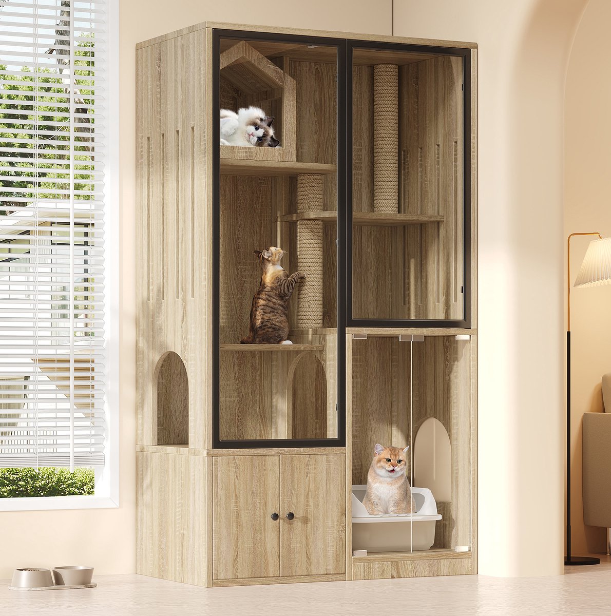 REDOM - Kattenhuis - Meerlaagse structuur met krabpaal - Opbergvak onderin - Moderne houtlook met glazen deur - Woonkamer en balkon - MDF en gehard glas - Naturel - 90 x 50 x 160 cm
