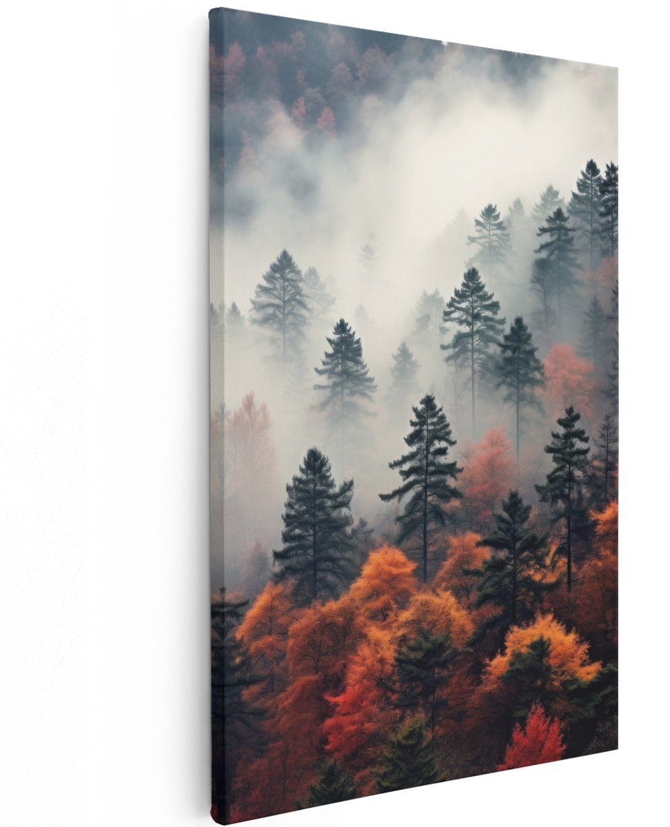 Artaza Canvas Schilderij Herfstbos - 120x180 cm - Groot - Wanddecoratie Mistig Landschap - Muurdecoratie Dennenbomen - Schilderijen Op Canvas Natuur