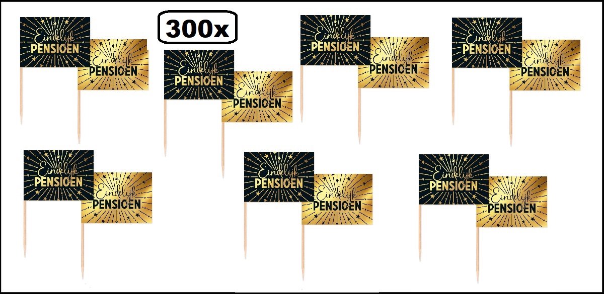 300 stuks Luxe Cocktailprikkers Eindelijk pensioen goud/zwart - Vlag prikker Jubileum verjaardag thema feest bruiloft cocktail prikker