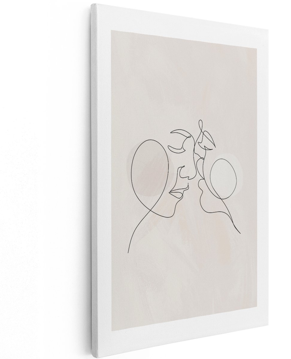 Artaza Canvas Schilderij Abstract Line Art - 120x180 cm - Groot - Wanddecoratie Boho - Muurdecoratie Twee Gezichten - Decoratie Minimalistisch Pastel
