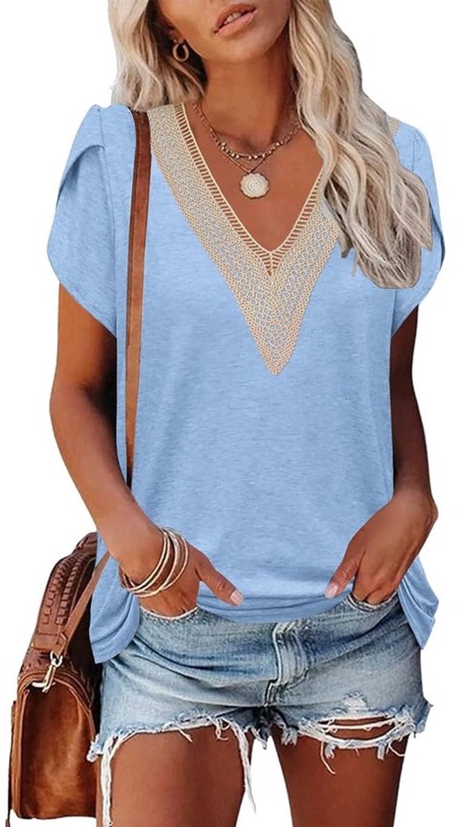 Dames T-shirt met Elegante Kant V-hals en Pofmouwtjes - Zomer Blouse