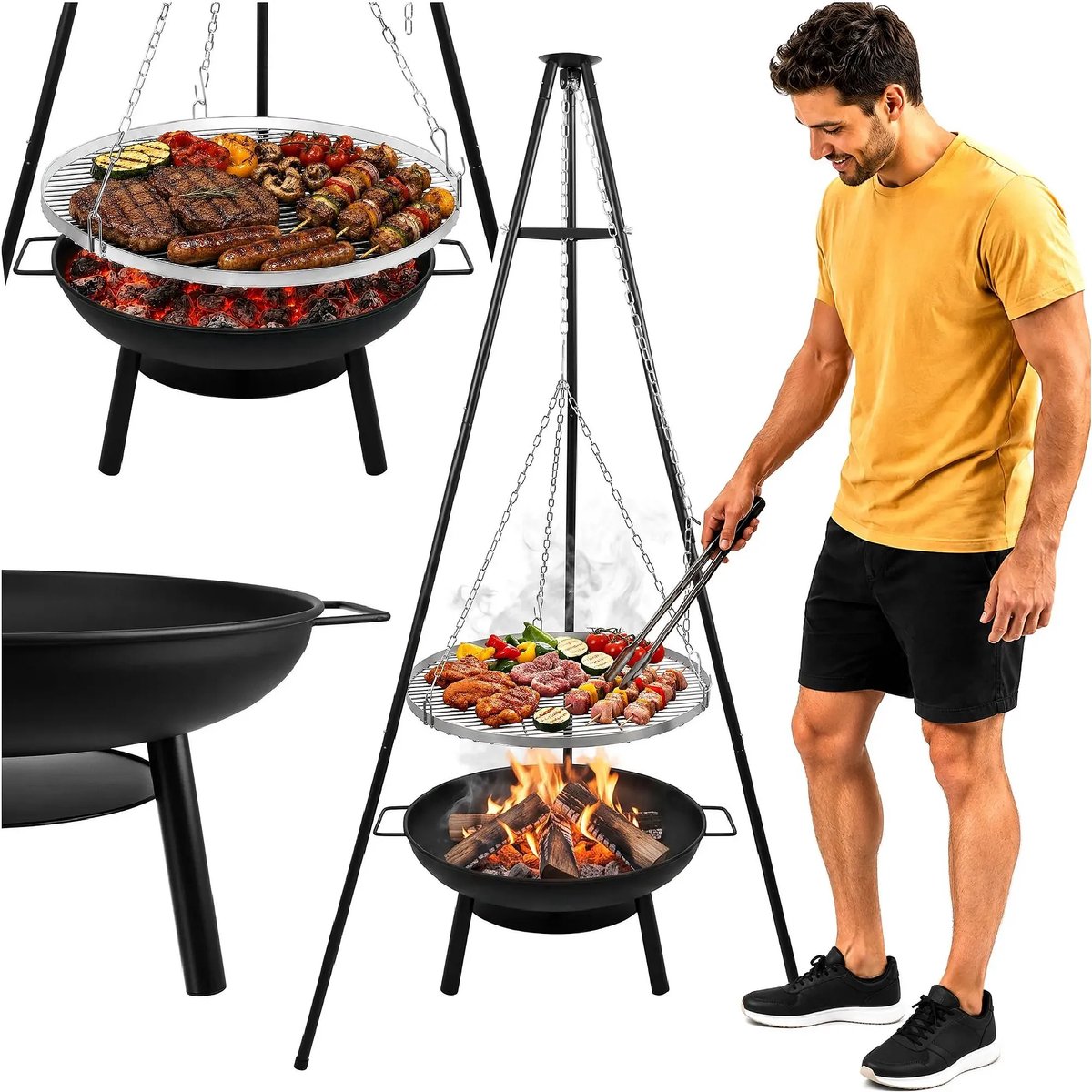 Kaminer Tuinbarbecue op drie poten met hangend rooster van 58 cm en vuurhaard