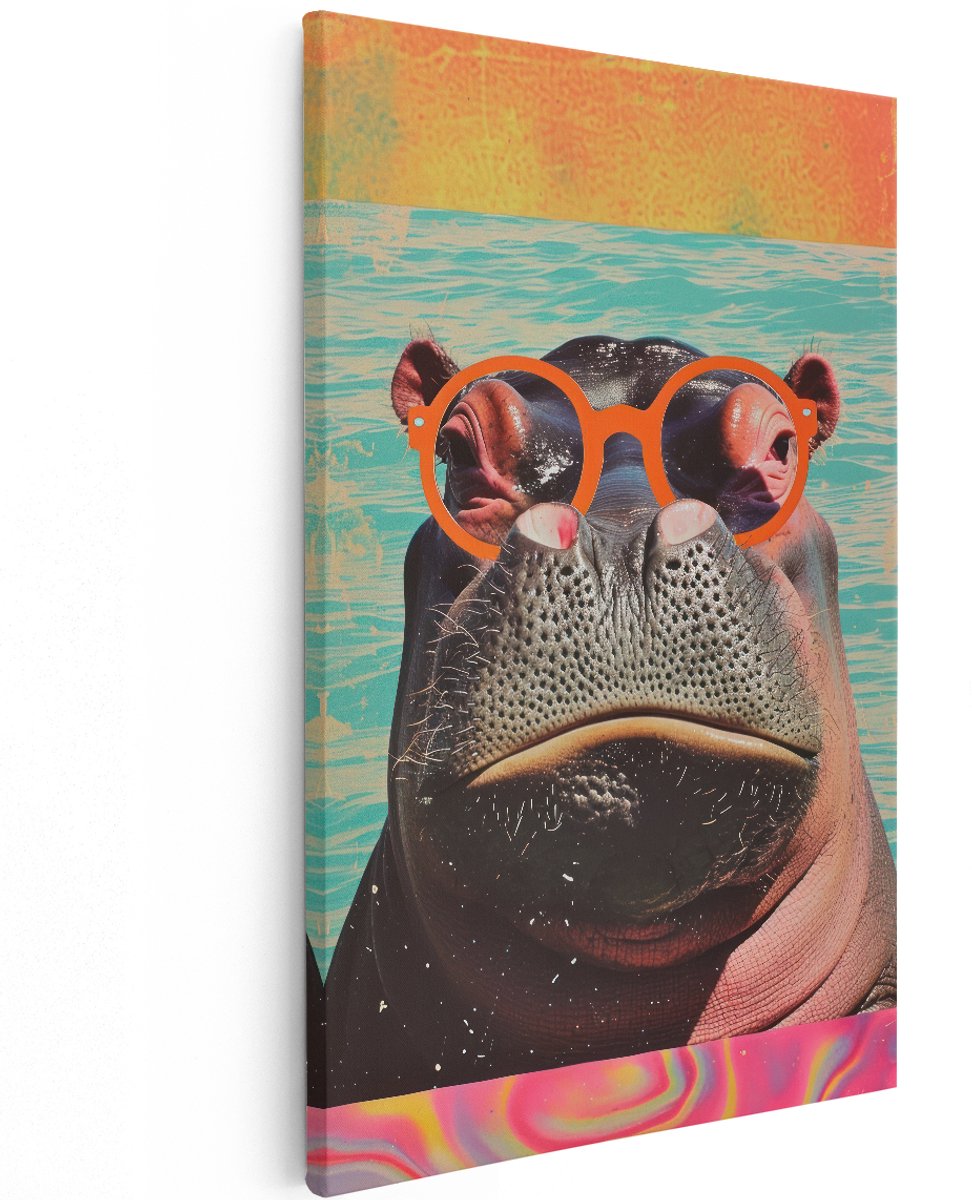 Artaza Canvas Schilderij Nijlpaard Met Zonnebril - 120x180 cm - Groot - Wanddecoratie Dieren - Muurdecoratie Kleurrijk - Decoratie Pop Art Vintage