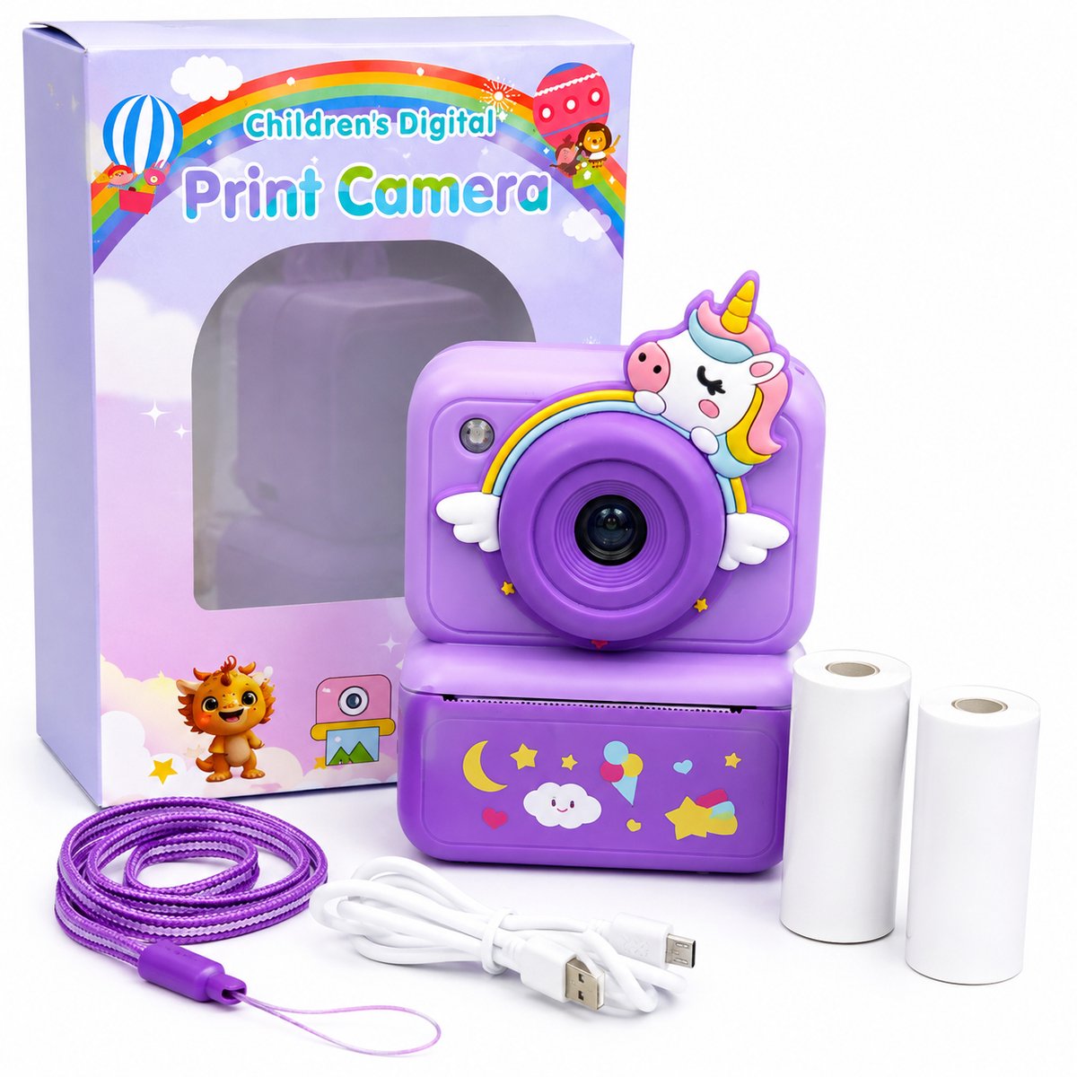 Afecto Kindercamera met Printer - Digitale Camera voor Kinderen - voor Foto en Video - Spelletjes - paars - incl. koortje, papier en sd card - direct foto's maken en printen!