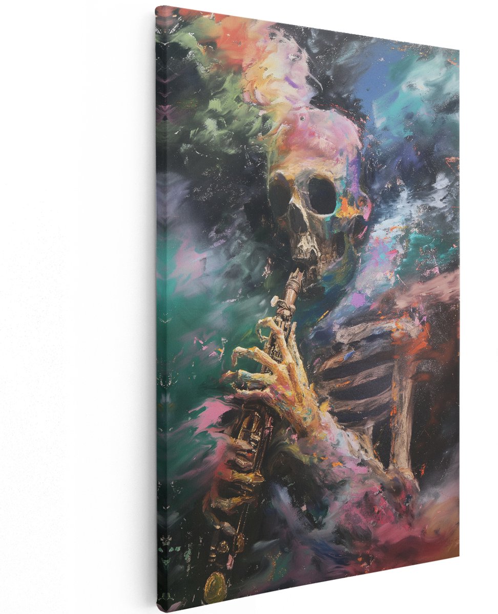 Artaza Canvas Schilderij Skelet Met Saxofoon - 120x180 cm - Groot - Abstract Wanddecoratie - Muurdecoratie Muziek - Kleurrijk Schilderijen Op Canvas