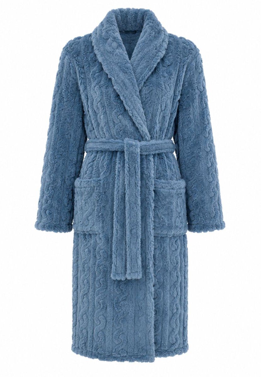 Cocodream Collections Badjas dames fleece met kabelpatroon - ochtendjas dames - blauw jeansblauw