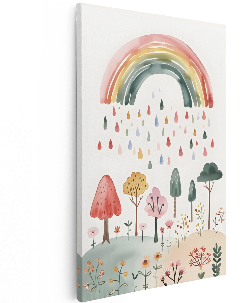 Artaza Canvas Schilderij Regenboog - 120x180 cm - Groot - Wanddecoratie Kinderkamer - Muurdecoratie Babykamer - Decoratie Bloemen Aquarel