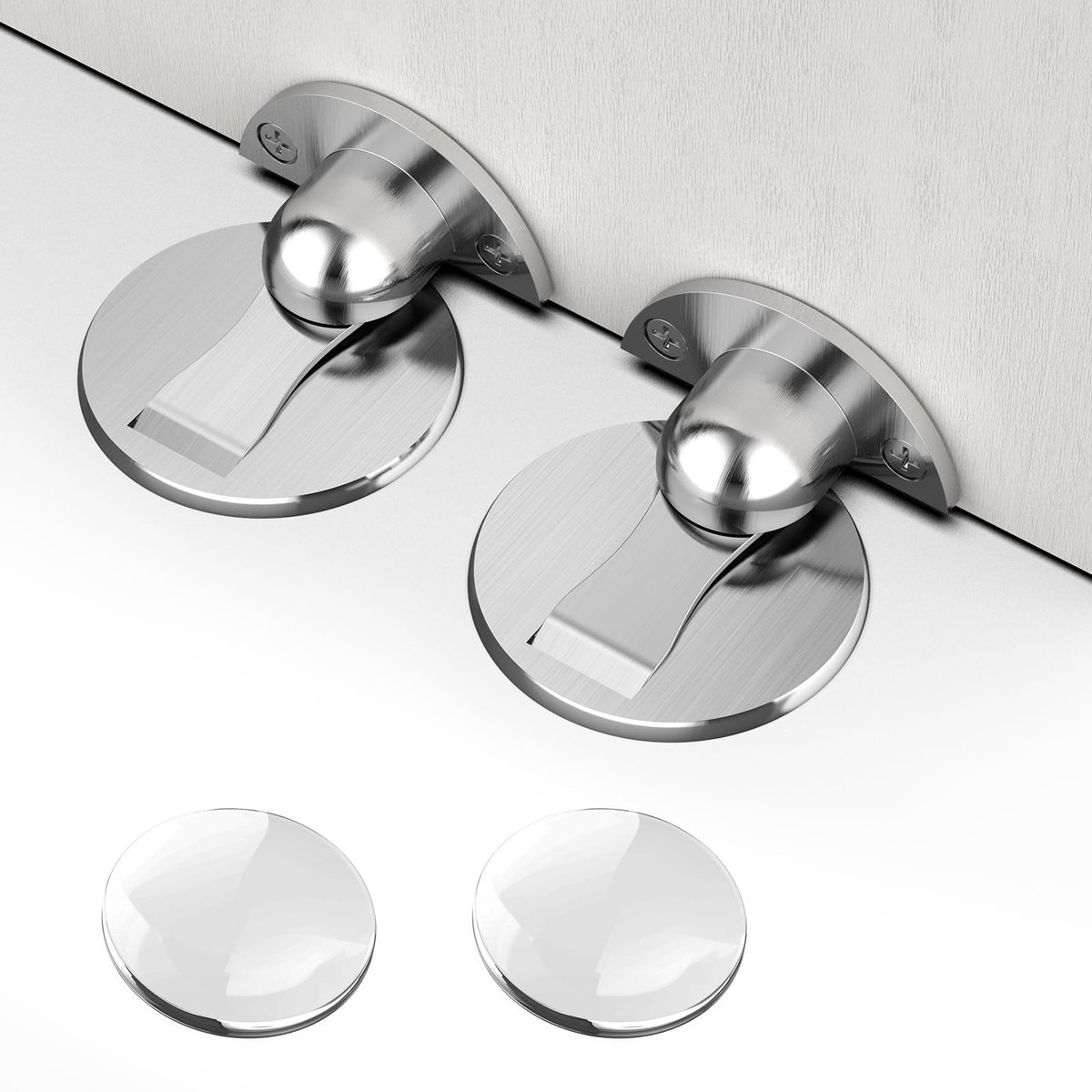Deurstopper Set - 2 Magnetische Deurstoppers en 2 Muur-Deurgreepstoppers - Zelfklevend (3m) en Schroefmontage - Zonder Boren - Stille Wandbescherming - Voor Thuis Kantoor Slaapkamer - Zilver