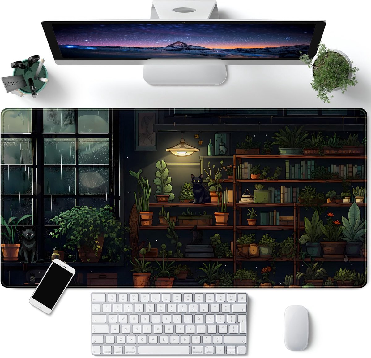 Gaming Bureau Muismat - met Motief Zwarte Kat Lofi Planten - Esthetisch Groot XL - voor Toetsenbord en Laptop - 80x40cm