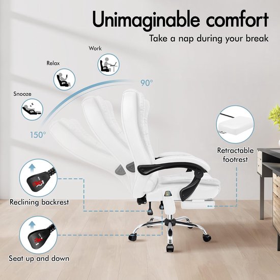 Ergonomische Bureaustoel - Comfortabele Werkstoel - Langdurig Zitten - Massage en Verwarming - Tot 180 kg - Wit — afbeelding 2