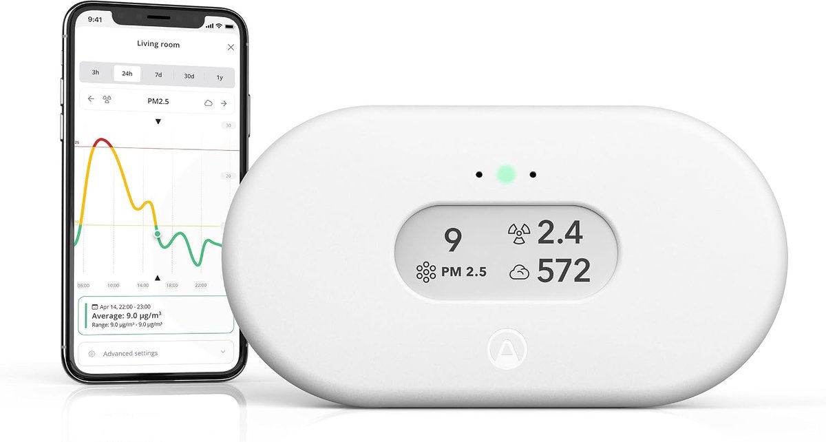 Radonmeter & Luchtkwaliteitsmeter - 7-in-1 - CO2, PM2.5, VOC, Vochtigheid, Temperatuur en Luchtdruk - WiFi - App - eInk Display