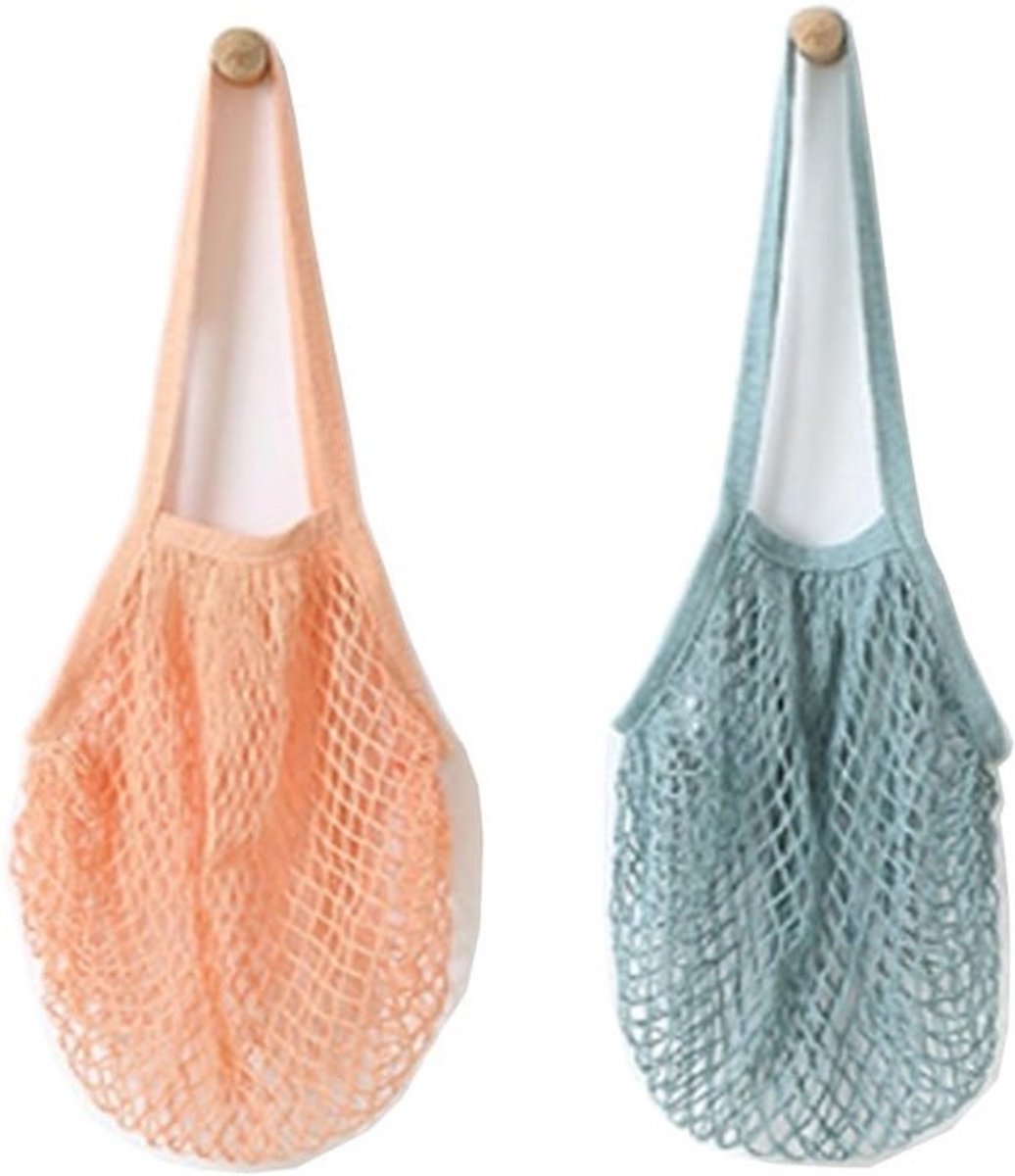 2 Stuks Herbruikbare Katoenen String Net Tas voor Boodschappen en Fruitopslag - Draagbaar en Wasbaar