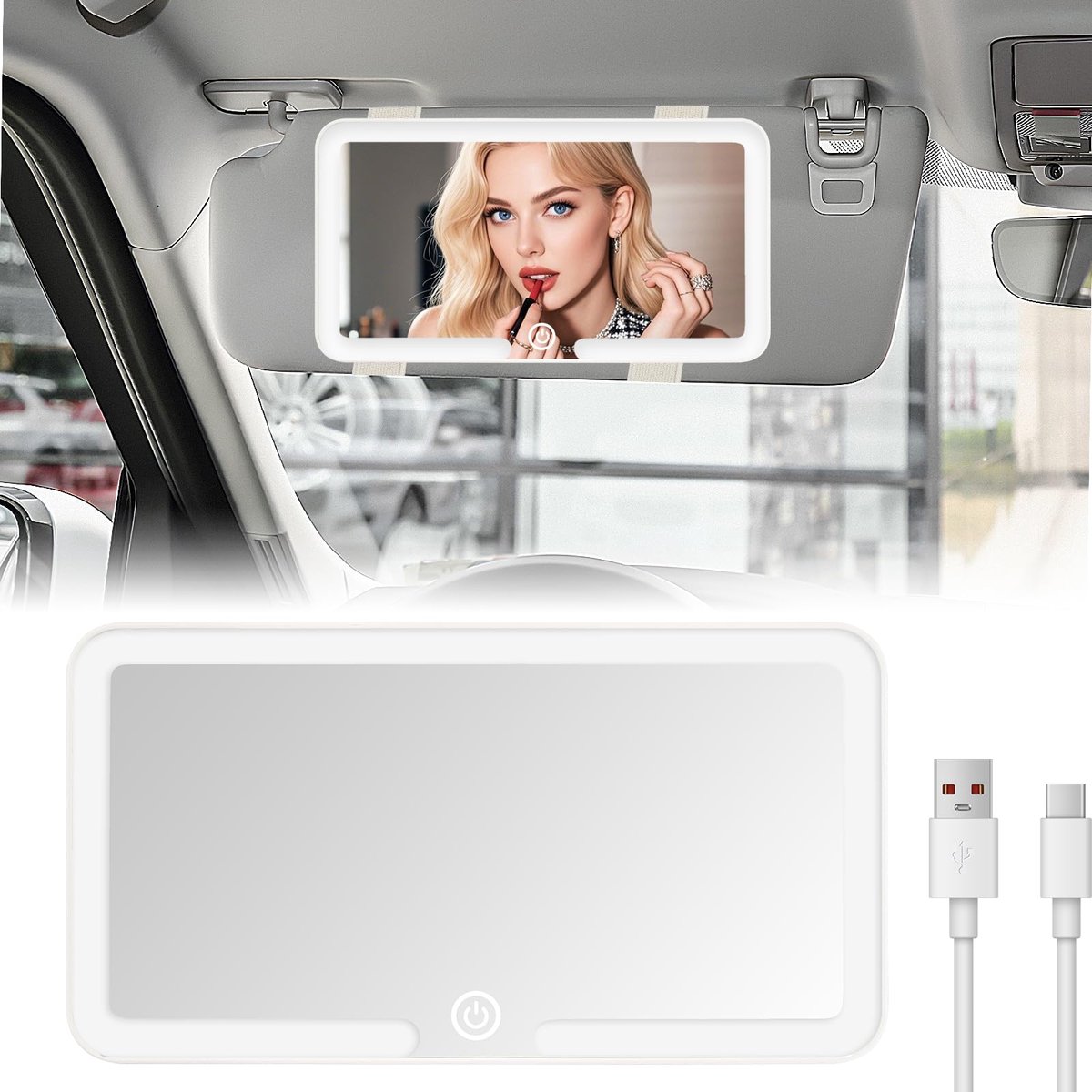 Make-up spiegel - LED oplaadbaar met 3 lichtmodi - Voor auto zonneklep - Universeel - Zwart - 23.5 x 12.7 x 1 cm