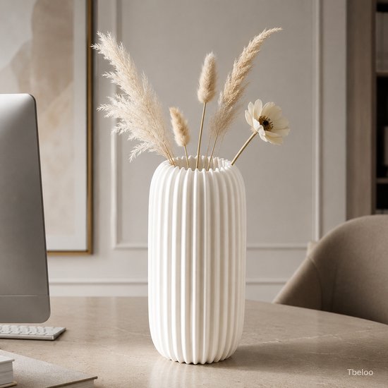 Tbeloo Decoratieve Vaas – Moderne Geribbelde Bloemenvaas – 3D Geprint – Wit – 15 x 7,5 cm