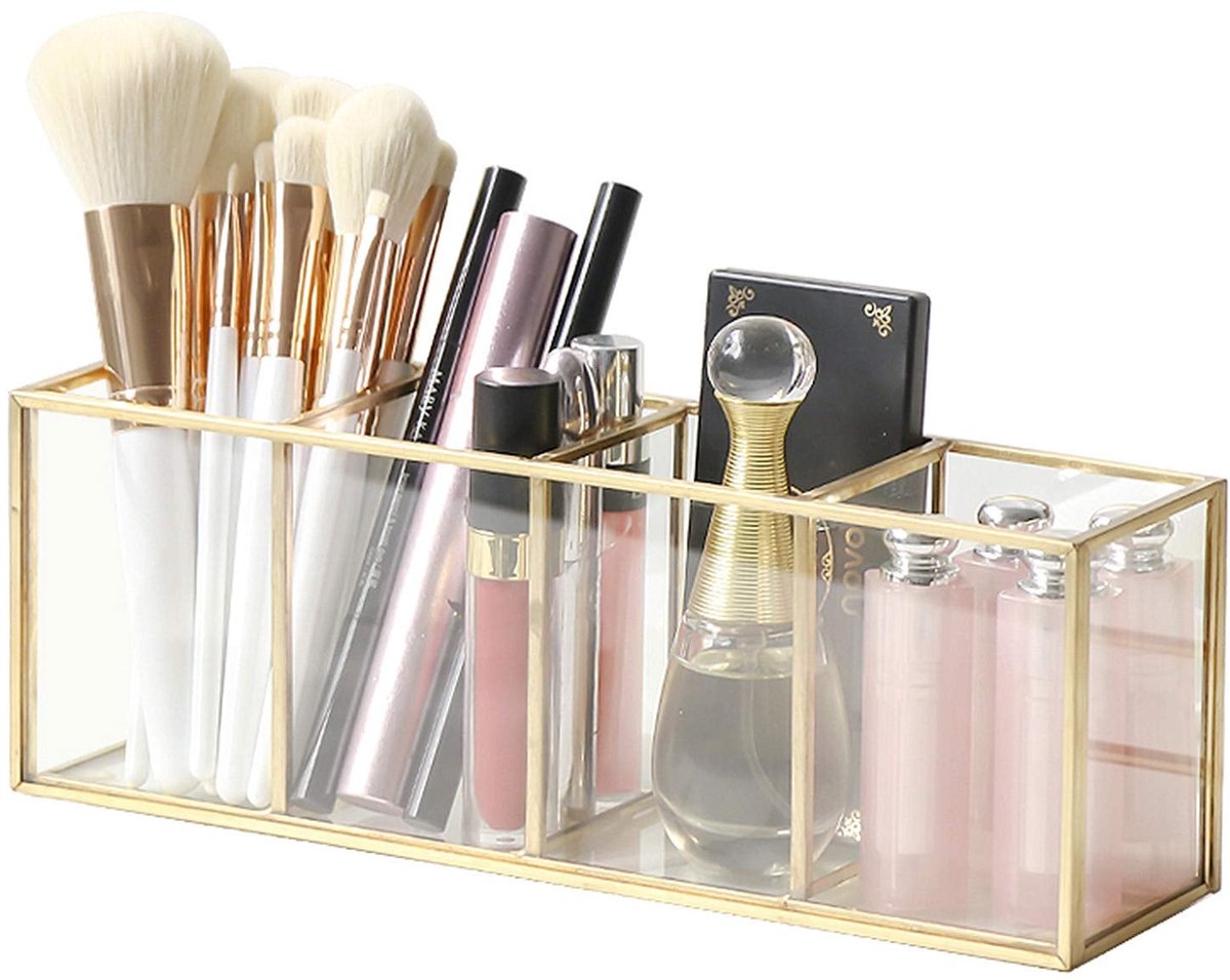 Make-up en Bureau Organizer - Van Glas en Messing - Voor Kwasten, Eyeliner, Lippenstift en Pennen
