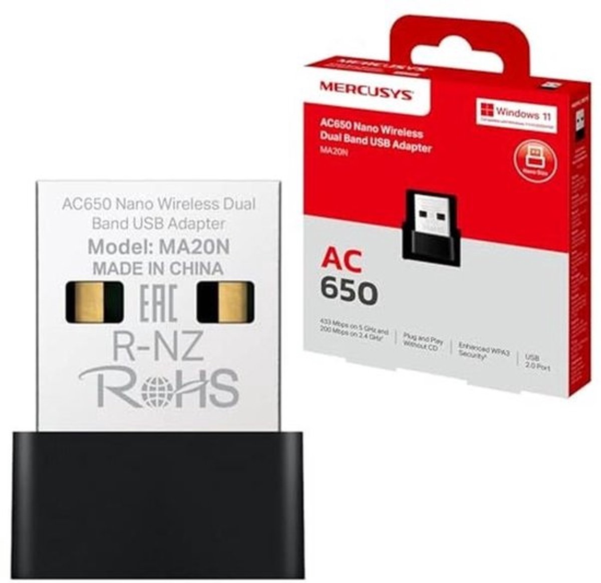 AC650 USB WiFi Dongle - Dual Band Nano Draadloze Adapter voor PC en Laptop met WPA3 Beveiliging