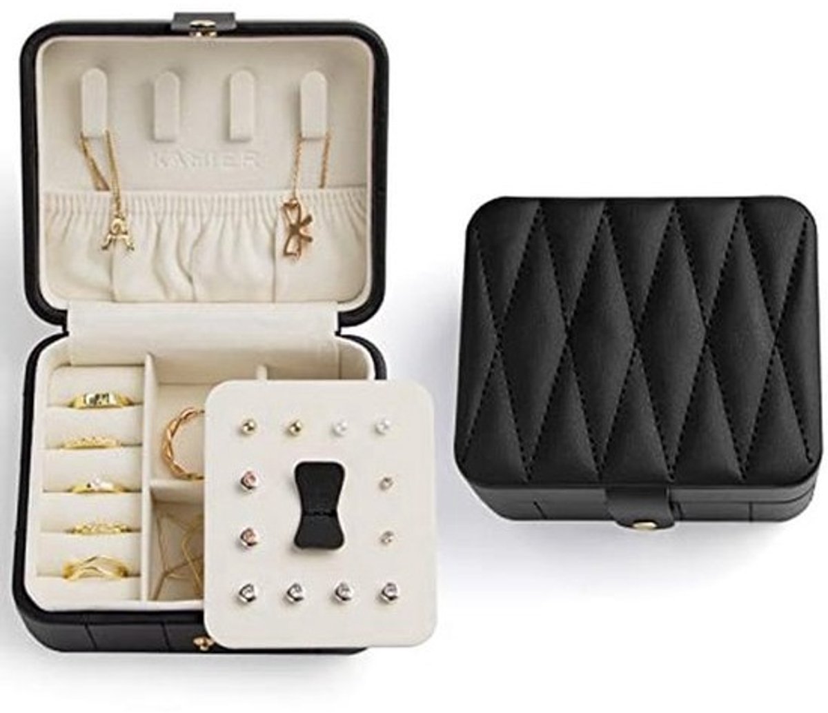 KAMIER Jewelry Travel Organizer, Diamond Padded Leather Portable Jewelry Boxes for Women Girls Gift, Small Jewelry Box Organizer for Necklaces, Bracelet, Earrings, Rings (Black)