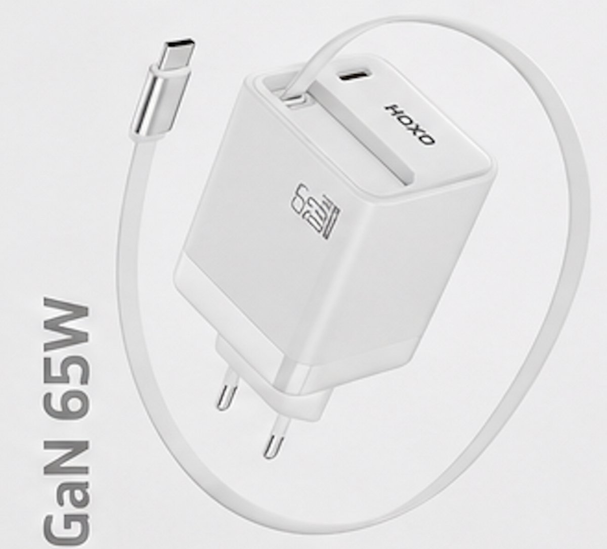 HOXO 65W GaN Snellader – 2x USB-C – Uittrekbare USB-C Kabel – Power Delivery PD 3.0 – Oplader voor Laptop, Tablet & Smartphone – Wit