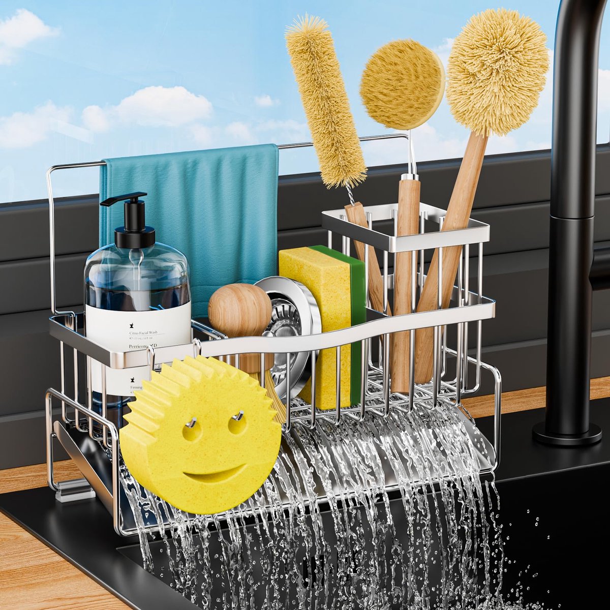 RVS Spoelbak Organizer - Zelfdrainerend - Met Sponshouder, Borstelhouder, Handdoekhouder en Vakverdeler - Voor de keuken - Zilver