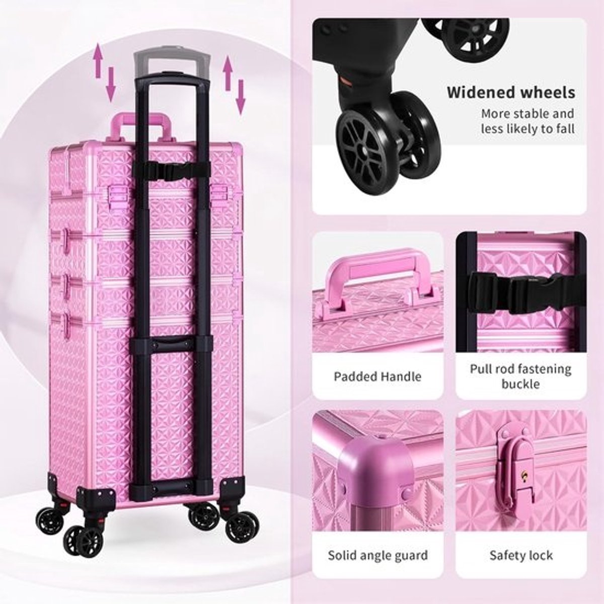 Thijox - AROUS 5-in-1 Hoge Make-upkoffer voor Dames, Professionele Make-up Beautytrolley op Wielen, Grote Organizer met Sloten, Roze Nageltechnicus Ko