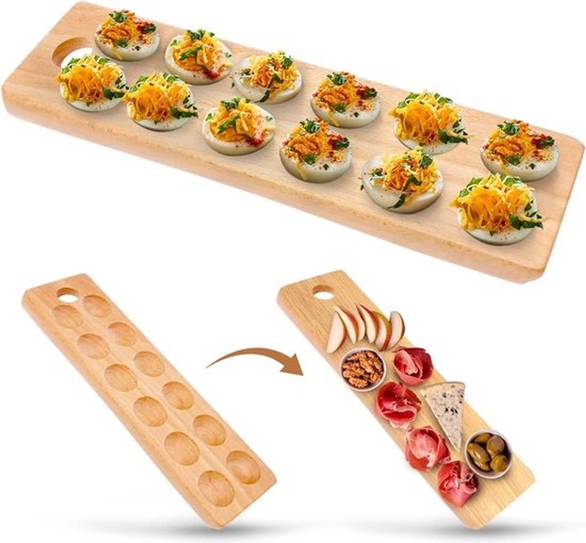 Houten gevuld eierdienblad 12 gaten 43,2 x 10,2 cm - Omkeerbaar gevuld eierplateau & charcuterie board - Premium kwaliteit ideaal voor Pasen - Snijplank serveerplank met gevuld ei recepten