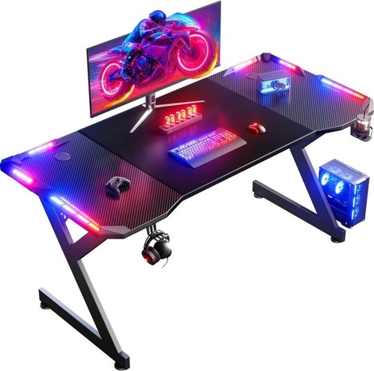 LED Gamingbureau 160 × 60 cm met Koolstofvezel Blad, Ergonomisch met Bekerhouder en Hoofdtelefoonhaak - Zwart