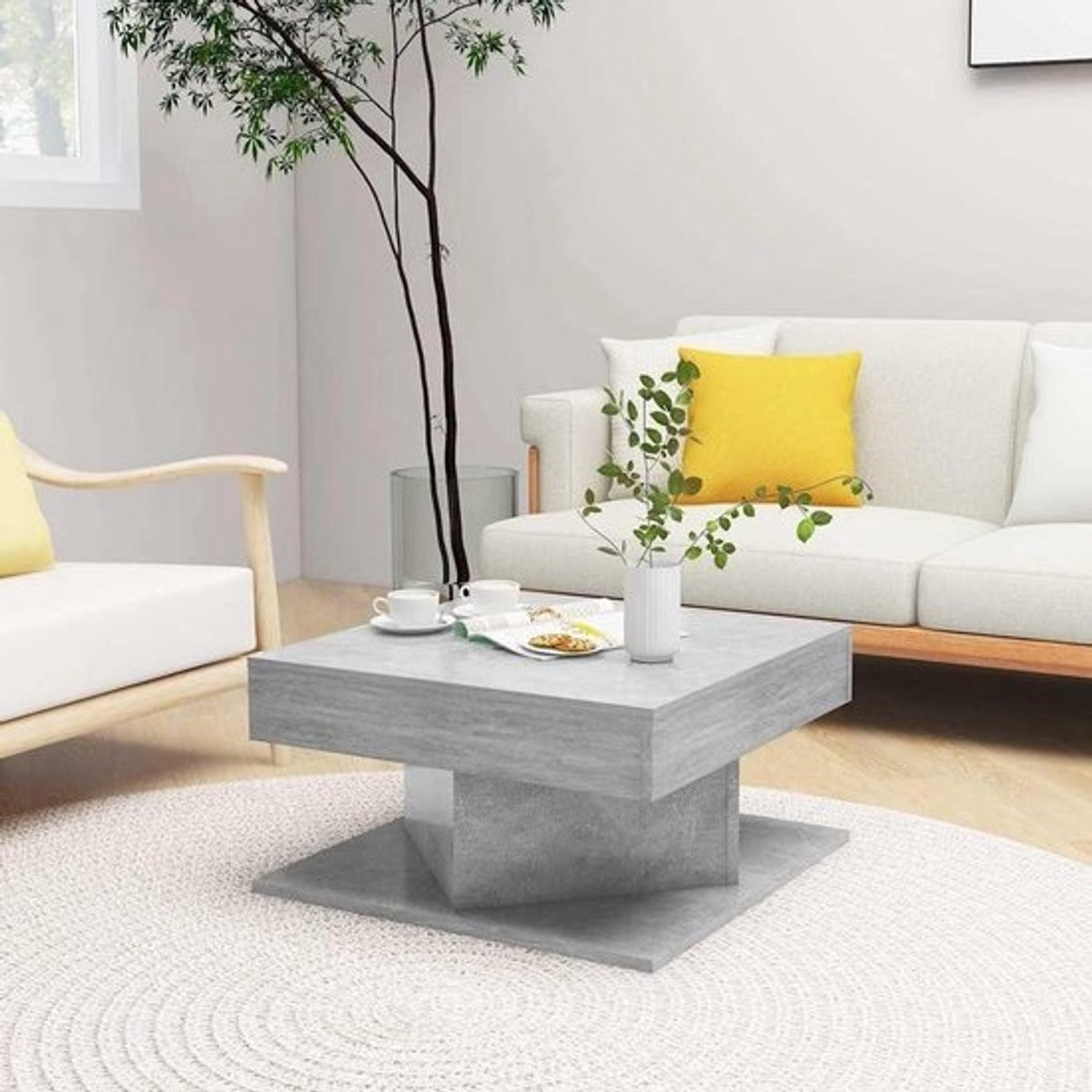 Salontafel Vierkant - Bijzettafel Hout - Dranken Plaatsen - Eenvoudig Design - 57 x 57 x 30 cm - Betongrijs