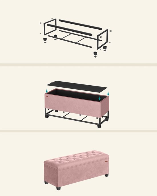 Montage-instructies voor een roze opbergbankje: frame, bodem en bekleding.