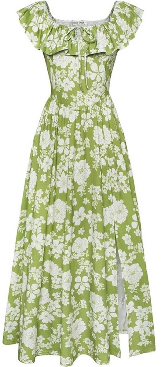 Bloemen Zomer V-hals Ruche Mouw Empire Taille A-lijn Casual Maxi Jurk met Zakken