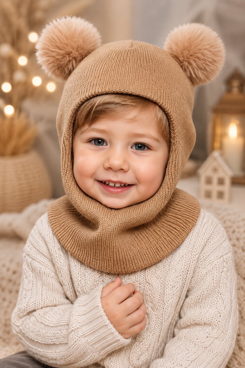 Gebreide kindermuts met pompons en nekwarmer, warme wintermuts voor jongens en meisjes 1-6 jaar