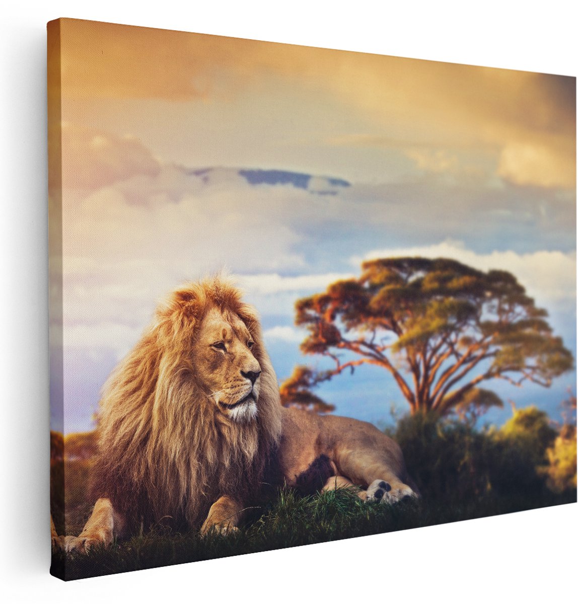 Artaza Canvas Schilderij Leeuw Tijdens Zonsondergang - 160x120 cm - Groot - Wanddecoratie Woonkamer - Schilderijen - Muurdecoratie