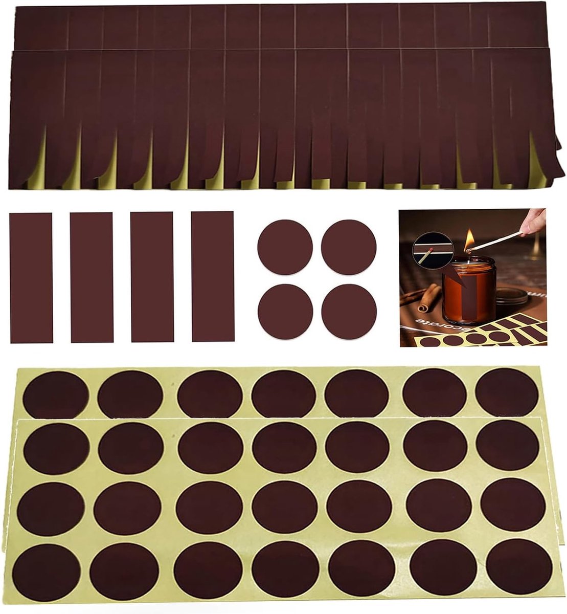 102 Stuks Aansteekpapier met Plakband, 42 Ronde en 60 Rechthoekige Stickers voor Vervanging van Cymbal Papier en Aansteekaccessoires