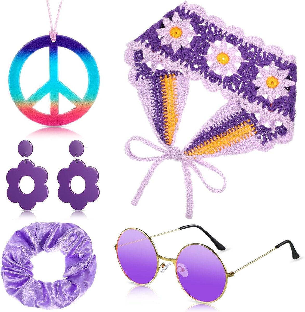 Vijfdelige set hippie accessoires voor vrouwen - Flower Power kostuum met hippie zonnebril, vrede ketting en oorbellen